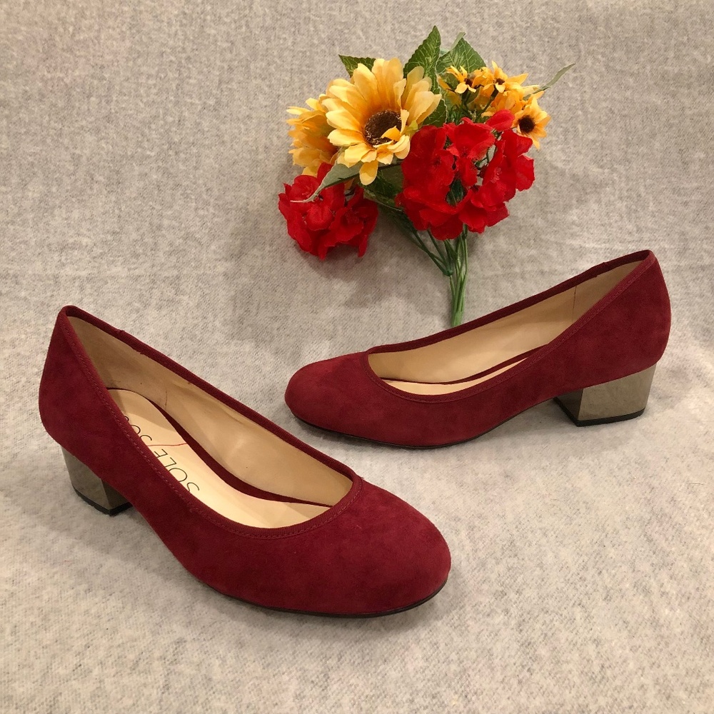 NWT - Crimson Suede Ballet Flats with Shiny Chrome Heels